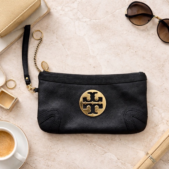 Tory Burch Handbags - Tory Burch Black Leather Wristlet w/ Gold Logo | Classic Zip Pouch